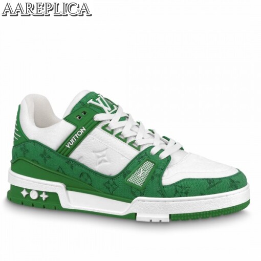 Replica Louis Vuitton LV Trainer Sneakers In Green Denim with Leather