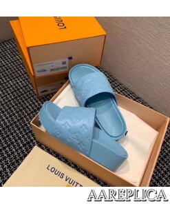 Replica Louis Vuitton Jumbo Flatform Mules In Blue Monogram Lambskin 2