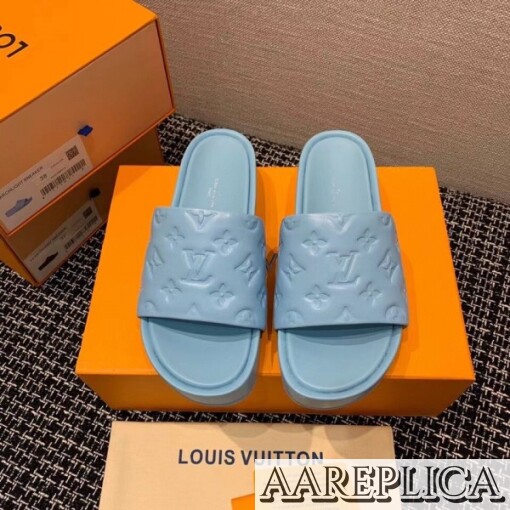 Replica Louis Vuitton Jumbo Flatform Mules In Blue Monogram Lambskin 5