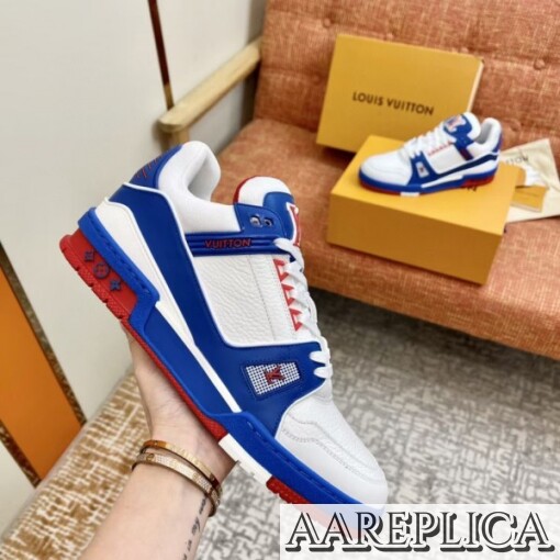 Replica Louis Vuitton LV Trainer Sneakers In Blue/White Leather 2