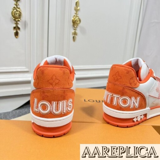 Replica Louis Vuitton LV Trainer Sneakers In Orange Denim with Mesh 2