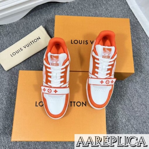 Replica Louis Vuitton LV Trainer Sneakers In Orange Denim with Mesh 5