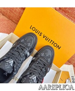 Replica Louis Vuitton LV Trainer Sneakers In Black Denim Leather 2