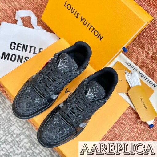 Replica Louis Vuitton LV Trainer Sneakers In Black Denim Leather 6