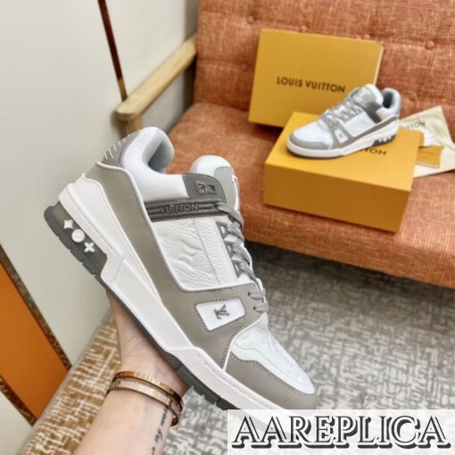 Replica Louis Vuitton LV Trainer Sneakers In White/Grey Leather 2