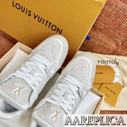 Replica Louis Vuitton LV Trainer Sneakers In Beige Monogram Denim 2