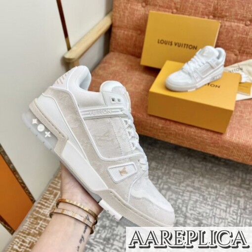 Replica Louis Vuitton LV Trainer Sneakers In Beige Monogram Denim 5