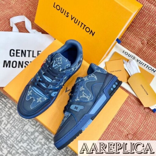 Replica Louis Vuitton LV Trainer Sneakers In Blue Denim Leather 6