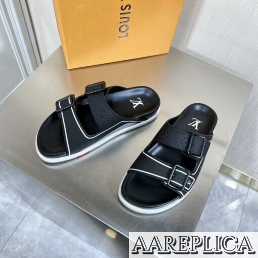 Replica Louis Vuitton LV Trainer Mules In Black Leather 2