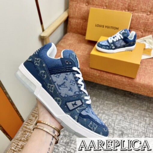 Replica Louis Vuitton LV Trainer Sneakers In Blue Monogram Denim 3