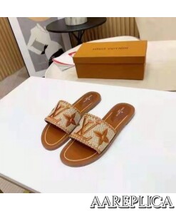 Replica Louis Vuitton Lock It Flat Mules In Brown Raffia 2