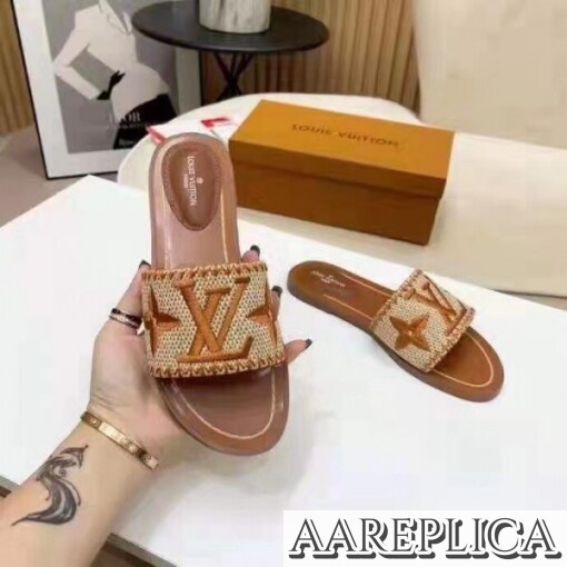 Replica Louis Vuitton Lock It Flat Mules In Brown Raffia 4