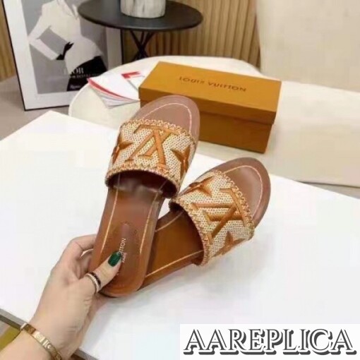 Replica Louis Vuitton Lock It Flat Mules In Brown Raffia 5