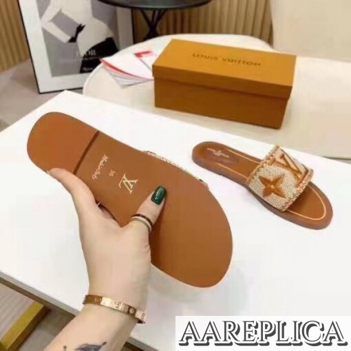 Replica Louis Vuitton Lock It Flat Mules In Brown Raffia 6