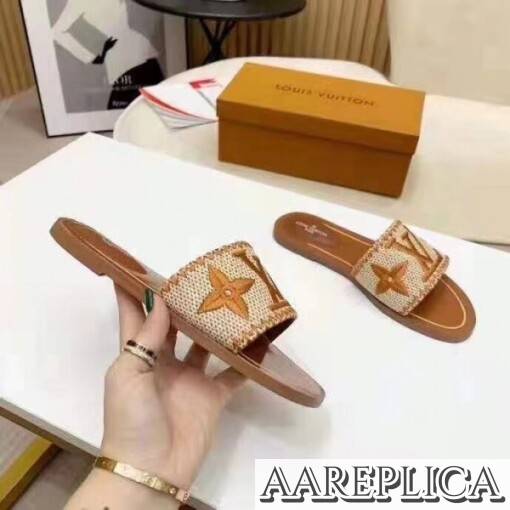 Replica Louis Vuitton Lock It Flat Mules In Brown Raffia 7