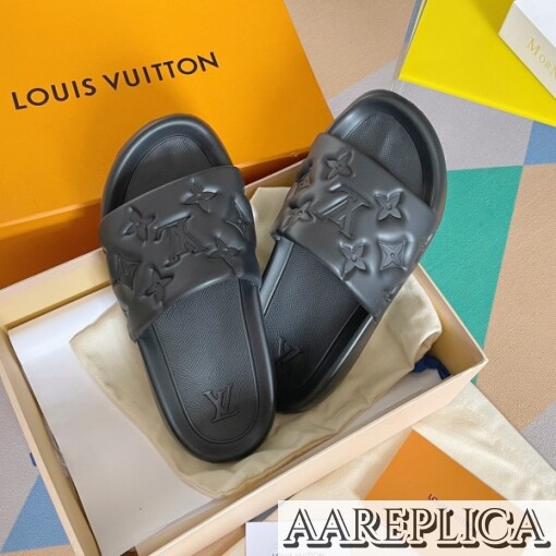 Replica Louis Vuitton Waterfront Mules In Black Monogram Rubber 4