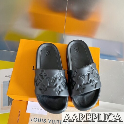 Replica Louis Vuitton Waterfront Mules In Black Monogram Rubber 5