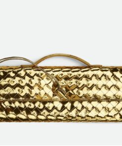 Replica Bottega Veneta Andiamo Clutch with Handle in Gold Metallic Leather