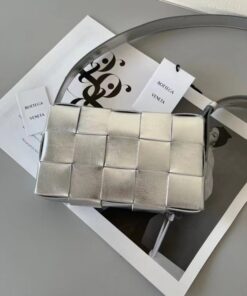 Replica Bottega Veneta Cassette Bag In Silver Intreccio Lambskin