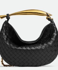 Replica Bottega Veneta Sardine Small Bag with Chain in Black Lambskin