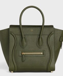 Replica Celine Micro Luggage Tote Bag In Khaki Green Drummed Calfskin