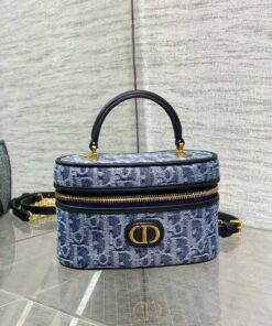 Replica Dior 30 Montaigne Mini Vanity Case in Blue Denim Oblique Jacquard