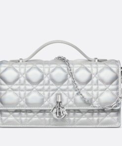 Replica Dior Miss Dior Mini Bag In Iridescent Metallic Silver Lambskin