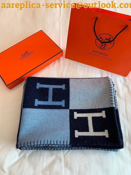 Replica Hermes Avalon III Throw Blanket in Blue Wool and Cashmere 14