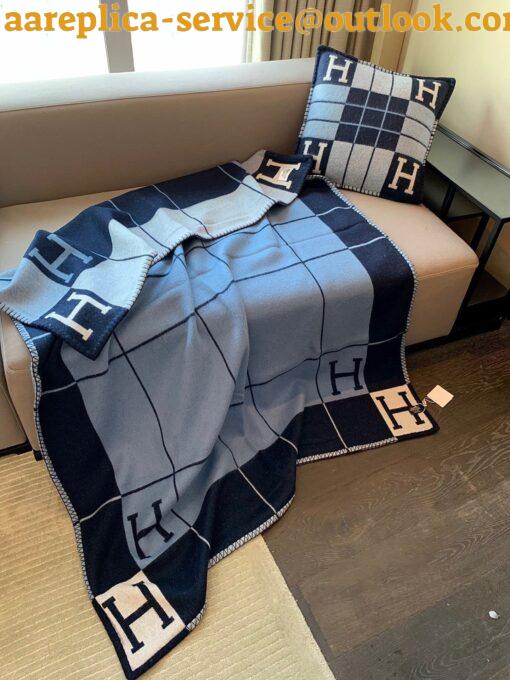 Replica Hermes Avalon III Throw Blanket in Blue Wool and Cashmere 17