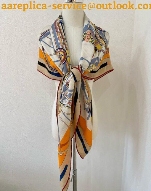 Replica Hermes Beige/Orange Voitures en Equilibre Shawl 140 6