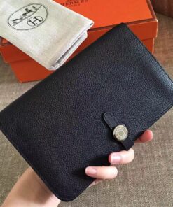 Replica Hermes Dogon Duo Wallet in Black Clemence Leather