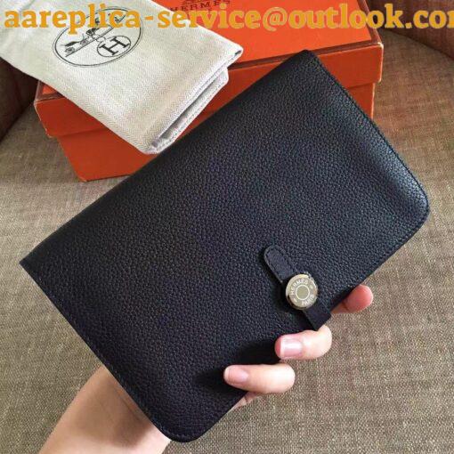 Replica Hermes Dogon Duo Wallet in Black Clemence Leather