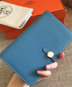 Replica Hermes Dogon Duo Wallet in Blue Jean Clemence Leather