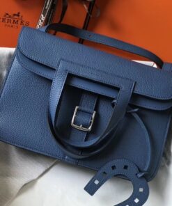 Replica Hermes Halzan 31cm Bag In Blue Agate Clemence Leather