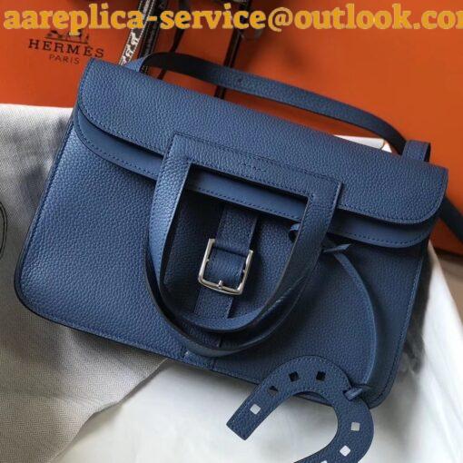 Replica Hermes Halzan 31cm Bag In Blue Agate Clemence Leather 2