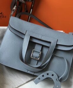 Replica Hermes Halzan 31cm Bag In Blue Lin Clemence Leather