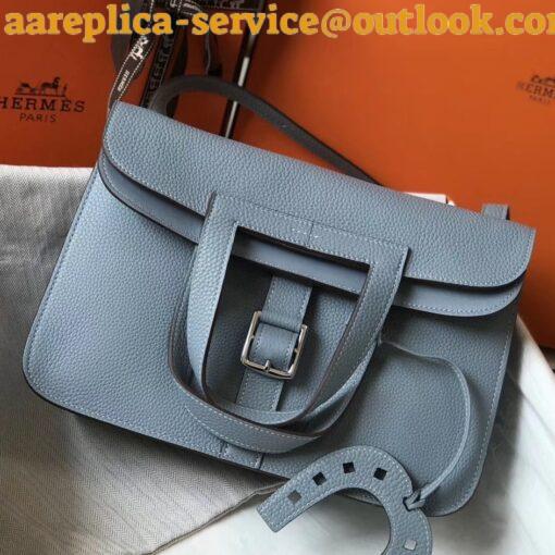 Replica Hermes Halzan 31cm Bag In Blue Lin Clemence Leather