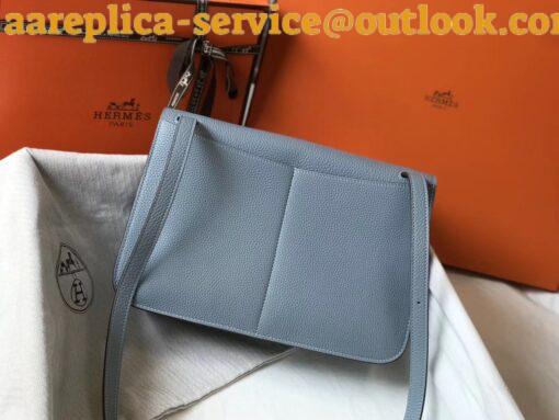 Replica Hermes Halzan 31cm Bag In Blue Lin Clemence Leather 4