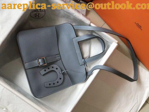 Replica Hermes Halzan 31cm Bag In Blue Lin Clemence Leather 8