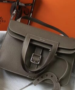 Replica Hermes Halzan 31cm Bag In Taupe Clemence Leather