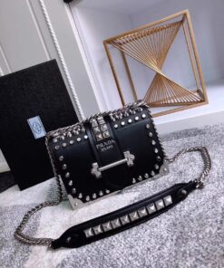 Replica Prada Cahier Black Leather Shoulder Bag with Studded