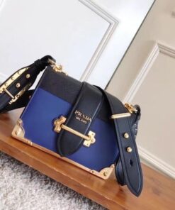 Replica Prada Cahier Shoulder Bag In Blue/Black Leather