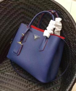 Replica Prada Double Medium Tote Bag In Blue Saffiano Leather 2