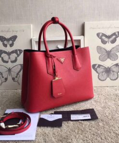 Replica Prada Double Medium Tote Bag In Red Saffiano Leather