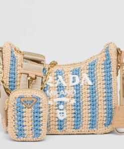 Replica Prada Re-Edition 2005 Bag In Beige and Blue Stripe Raffia