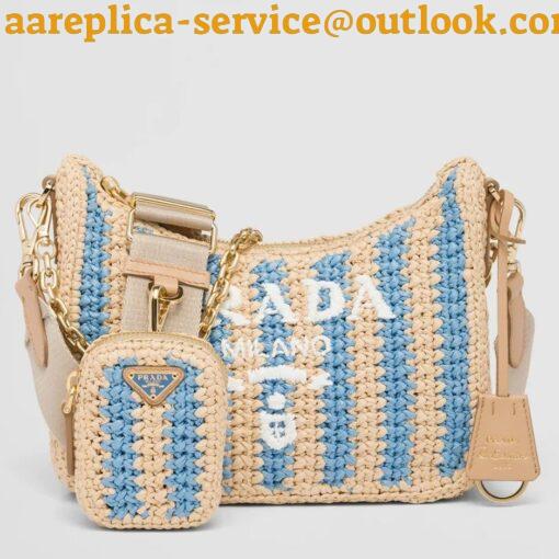 Replica Prada Re-Edition 2005 Bag In Beige and Blue Stripe Raffia