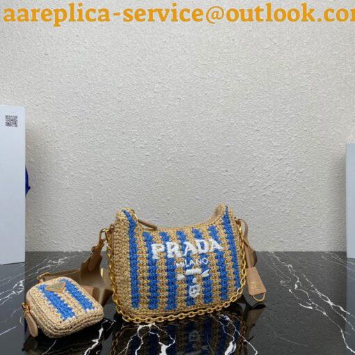 Replica Prada Re-Edition 2005 Bag In Beige and Blue Stripe Raffia 4