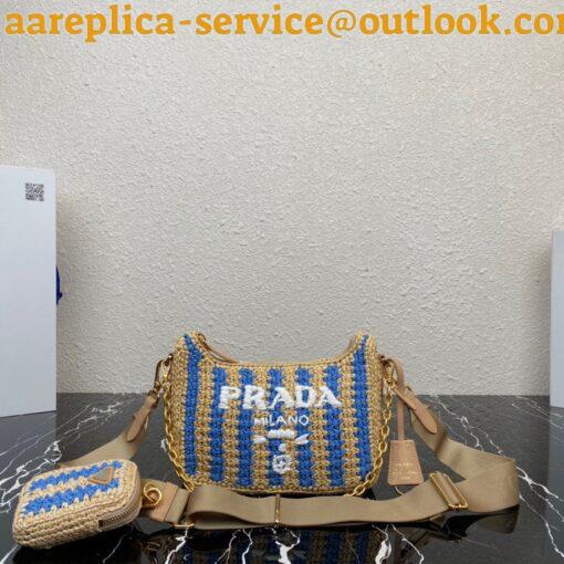 Replica Prada Re-Edition 2005 Bag In Beige and Blue Stripe Raffia 6