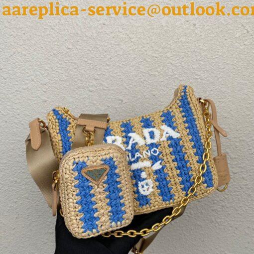 Replica Prada Re-Edition 2005 Bag In Beige and Blue Stripe Raffia 7