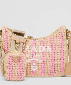 Replica Prada Re-Edition 2005 Bag In Beige and Pink Stripe Raffia